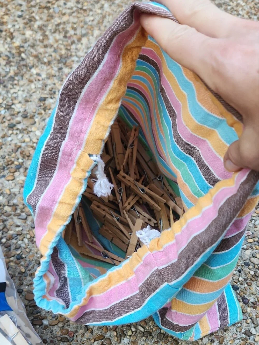 Draw String Striped Bag With Clothes Pins Along With 50+ Clothes Pins